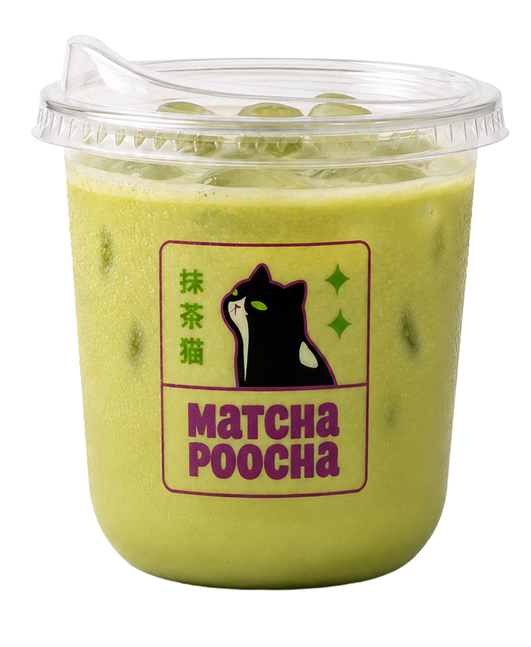 A Matcha Poocha ceremonial matcha latte with the tuxedo-cat label
